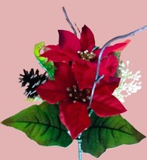 NWT Christmas Floral Pick-2 Red  Gold Poinsettias, 1 Pinecone  Greenery-14"T