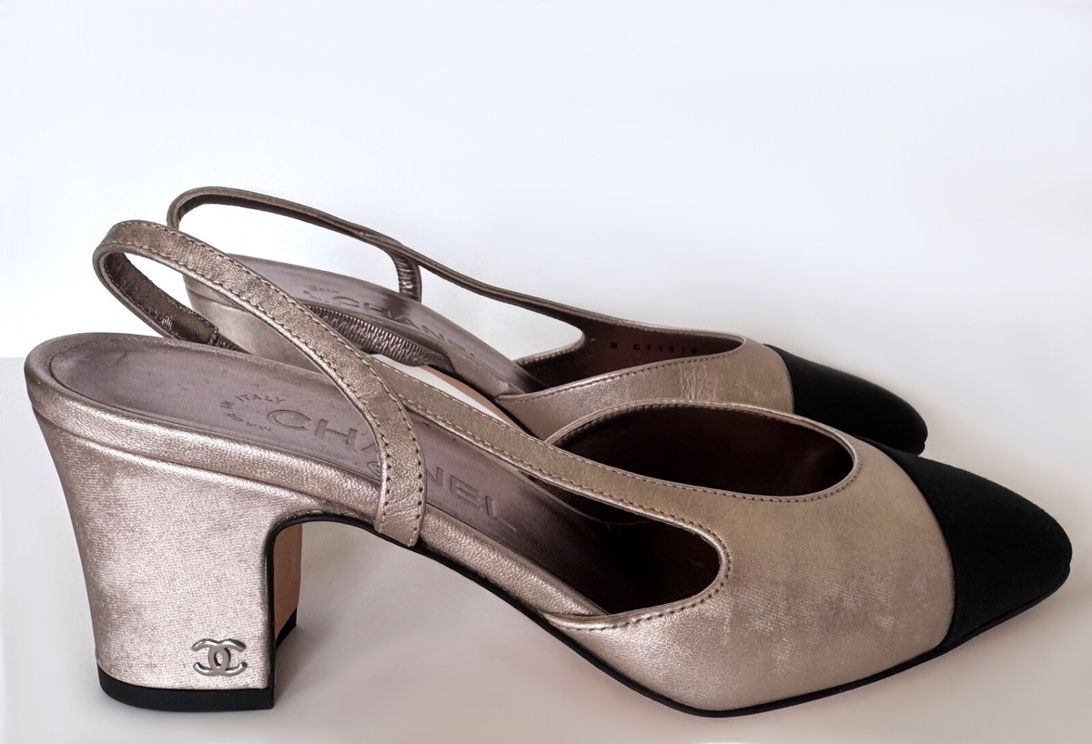 New Chanel Laminated Lambskin Grosgrain CC Slingback Pumps 37