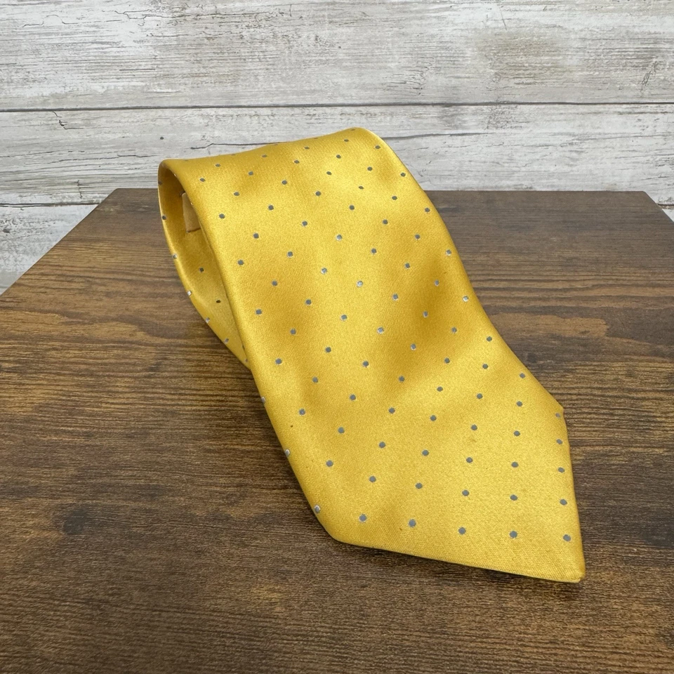 Corbata de diseñador Italio Ferretti para hombre dorada y azul a lunares 100 % seda hecha a mano Foto 2 de 4