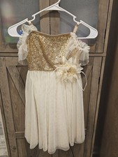 Girls Gold Sequin Ivory Tulle Flower Tutu Dress Sleeveless Knee Length