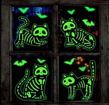 JarThenaAMCS Glow in the Dark Halloween Window Clings – Skeleton Cat Decals