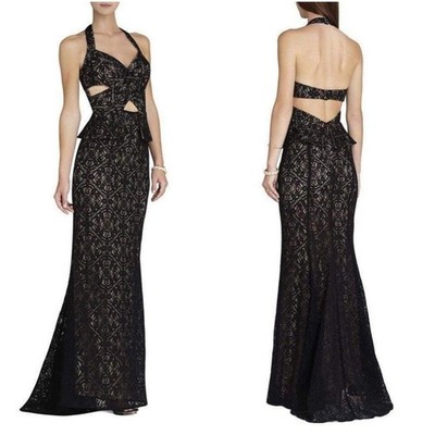 BCBGMAXAZRIA Daga Gown Cutout Halter Lace Peplum Illusion Formal Maxi Dress US 8