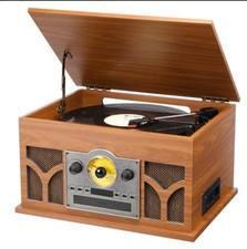 10-in-1 Mahogany Record Player w Speakers, Bluetooth, CD/Cassette, USB, AM/FM 3S