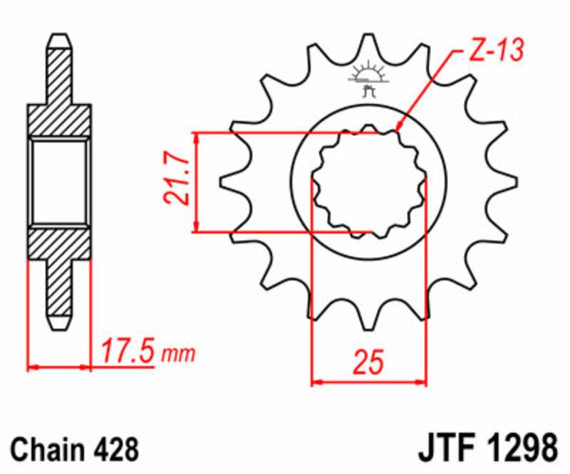 Pignon acier standard 1298 JT SPROCKETS pas 428 à usinage de haute précision