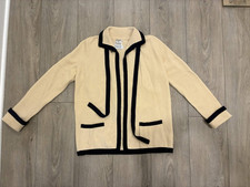 Vintage 1970's Chanel 100 Cashmere Cardigan   Ivory  Navy, Gold CC Buttons
