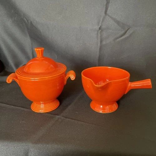 Vintage Fiesta Radioactive Original Red Sugar Bowl w/ Lid & Stick Handle Creamer
