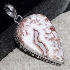 925 Silver Plated Mexican Laguna Lace Pendant Handmade Gemstone 2.1" GW