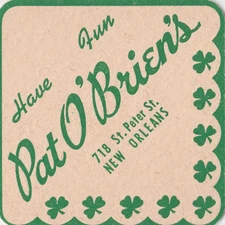 Pat O' Briens Beer coaster New Orleans Shamrocks vintage BL
