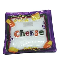 Ganz Fused Glass Cheese Plate Purple Orange Yellow Clear Glass 6x6 inches Square