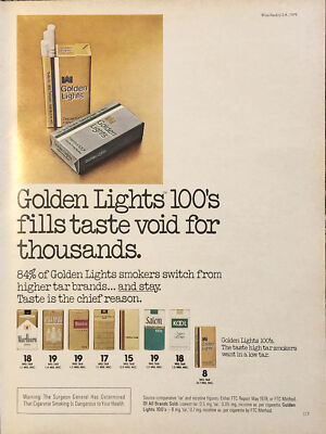 1979 Golden Lights 100s Cigarettes PRINT AD Fills Taste Void VTG 1970s vs Others