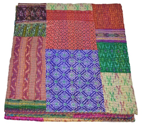 Silk Patola Patchwork Indian Handmade Queen Cotton Kantha Quilt Throw Bedspread - Picture 2 of 5