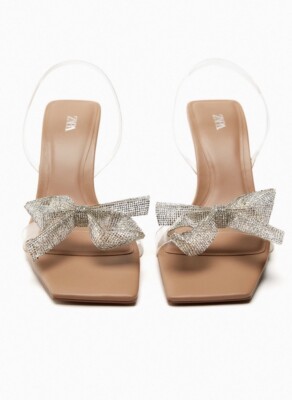 BN ZARA Nude Clear Bow Embellished Clear Vinyl Open Toe Heels