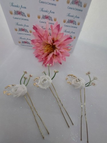 Bespoke White Bridal Hairpins 3 Piece with Glass Leaf and Foliage Stunning - Picture 2 of 20