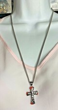 NWOT 24 inch Cross Necklace with Red Rhinestones Silver tone never worn