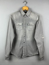 Allsaints Mens Denim Shirt XSmall Grey Snap Button Up Regular Fit Distressed