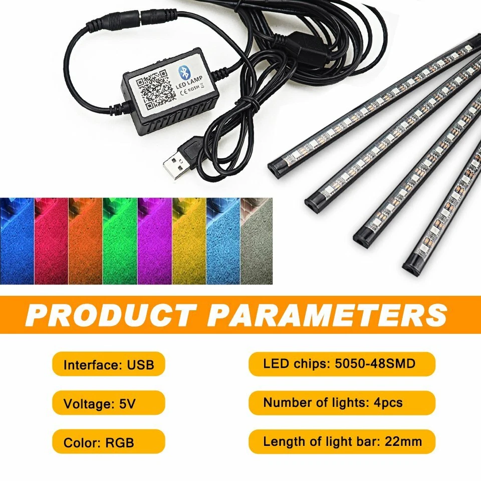 Tiras de LED RGB luz ambiente piso interior carro Bluetooth telefone controle de aplicativo - Imagem 3 de 4