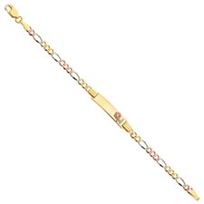 GOLD - 14K Tri Color Gold Figaro 3 1 Flower Baby ID Bracelet - 6"