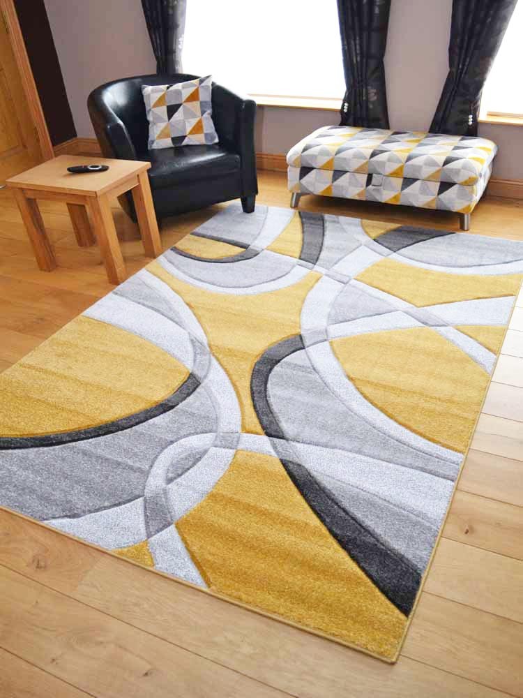 Ochre Mustard Grey Rugs Modern Style Soft Thick Rug Small Extra Large