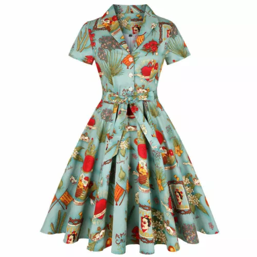 Woman Ladies 40s 50s Rockabilly Vintage Style Floral Print/Plaid Cotton Dress UK - Picture 16 of 28