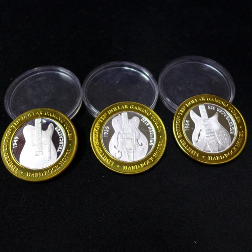 LOT OF 3 HARD ROCK .999 SILVER Strike $10 Gaming Casino Tokens Las Vegas Guitars