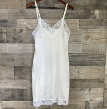 Vtg Lorraine Satin Strappy Midi Nightgown Lace Trim Sz 36 Ivory Embossed Floral