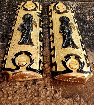 Santa muerte mexican Cachas black gold 1911 pistol gun grips