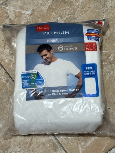 Hanes Premium Men's Original Fit Tagless Crew T-Shirt Small, White, 6 pack New