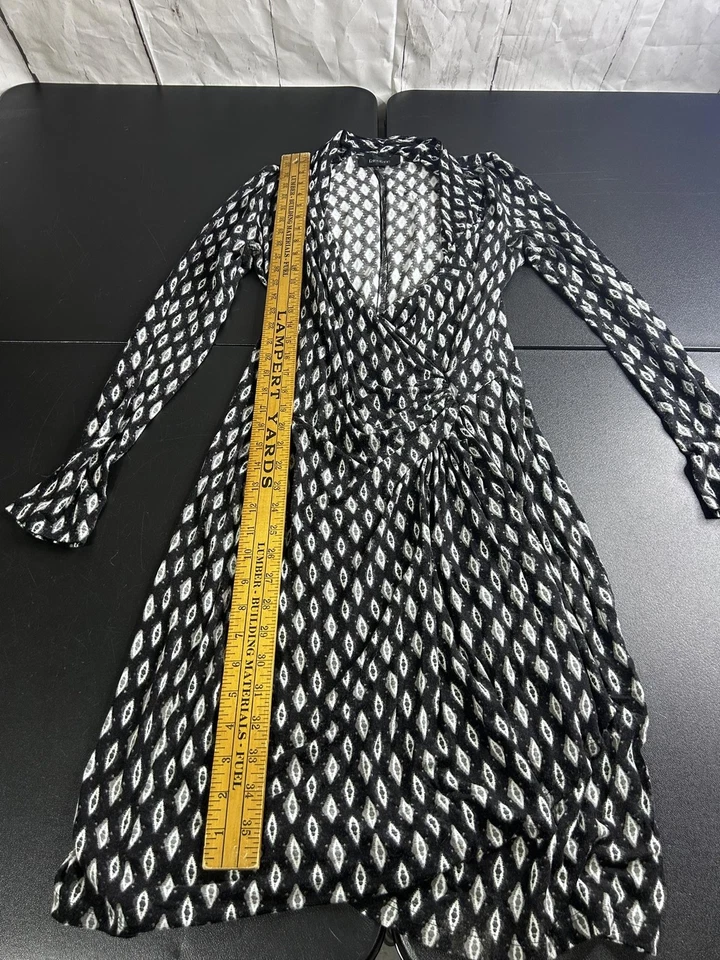 Karen Kane Dress Womens Medium Black White Wrap Surplice V Neck Long Sleeve Ikat - Image 2 of 4