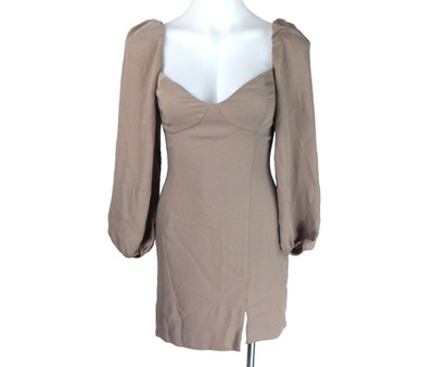 Aritzia Wilfred Women's 4 Mini Dress Novella Puff Long Sleeve Slit Beige Tan