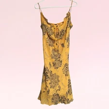 vintage y2k yellow floral chiffon fairy milkmaid ruffle boho bow slip dress XL