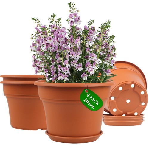10 Inch Plastic-Flower-Pot-for-Indoor-Plants, 4 Pack Large Outdoor Planter Po...
