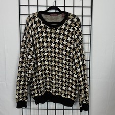 Vintage John Ashford Sweater Mens Large Beige Black Houndstooth Cosby Eclectic