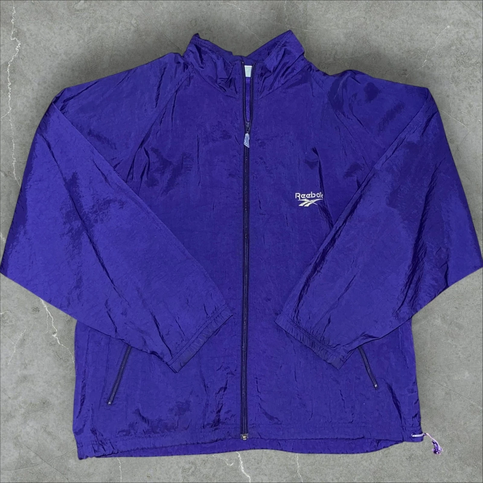 Vintage 90s Reebok Purple Nylon Windbreaker Full Zip Jacket with Packable Hood
