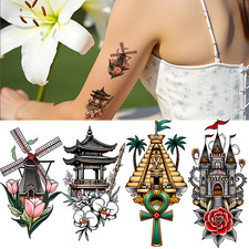 9pcs Temporary Tattoo Waterproof Long-lasting Body Stickers Lighthouse Pyramid