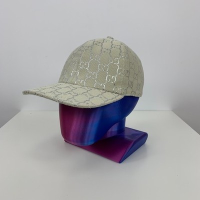 Gucci GG Monogram Silver Lamé Canvas Baseball Cap Hat White Size M