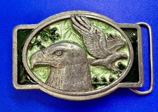 American Flying Bald Eagle Head Green Enameled Vintage Belt Buckle- Masterpiece
