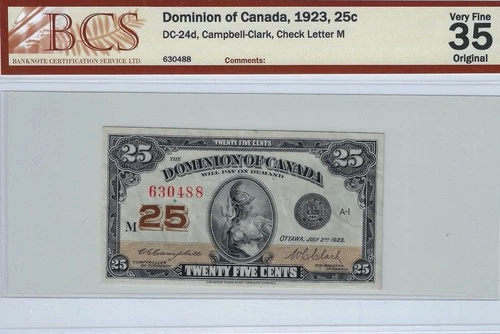 1923  Dominion of Canada 25 Cent Shinplaster SN# 630488  DC-24d BCS VF-35