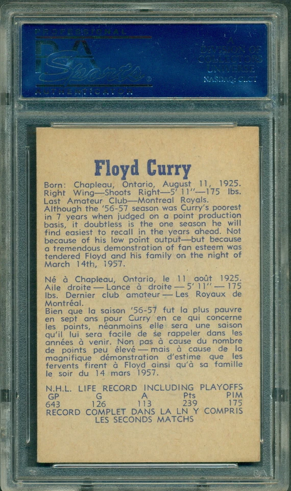 1957-58 Parkhurst NHL Hockey #20 Floyd Curry PSA 6 EX-MINT Montreal Canadiens - Image 2 of 2