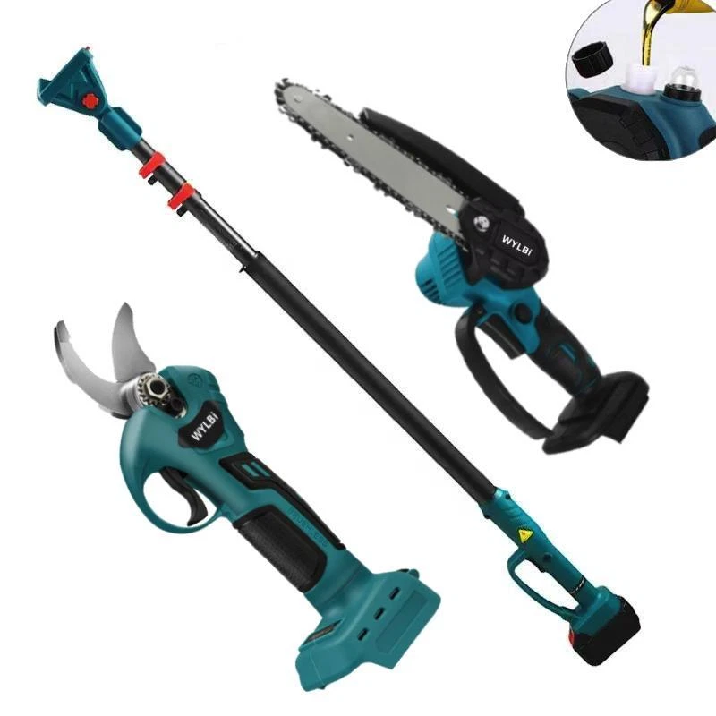 Kit potatura cesoia forbice sega 6" con olio batteria asta telescopica + snodo - Immagine 2 di 4