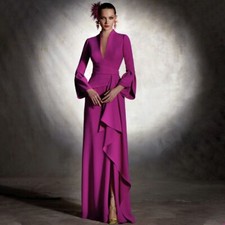 Elegant Evening Dresses Long Sleeves V Neck Mother of the Bride Dress Ruffle