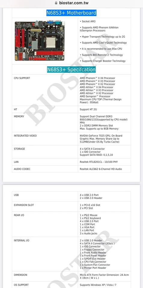 Biostar N68S3+ NVIDIA MCP68S Socket AM3 AMD DDR3 95W WIN7 Micro ATX Motherboard - Image 4 of 4