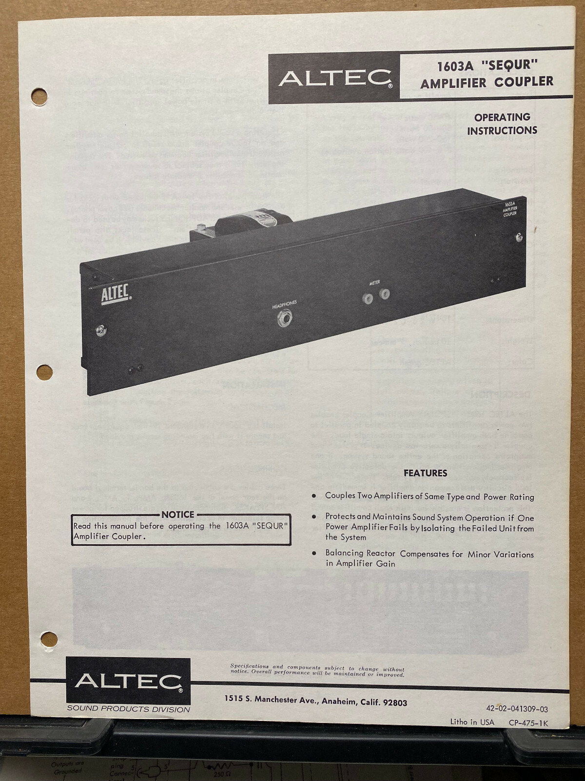 Operating Instruction Manual ~ Altec 1603A Sequr Amplifier ~ Service Schematic