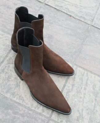 Handmade men brown pointed toe chelsea boots, men dress suede office boots  men | eBay