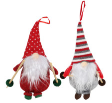 Christmas House Plush Gnome on Skis Ornament 6.5" Gray, Red, White  Set of 2