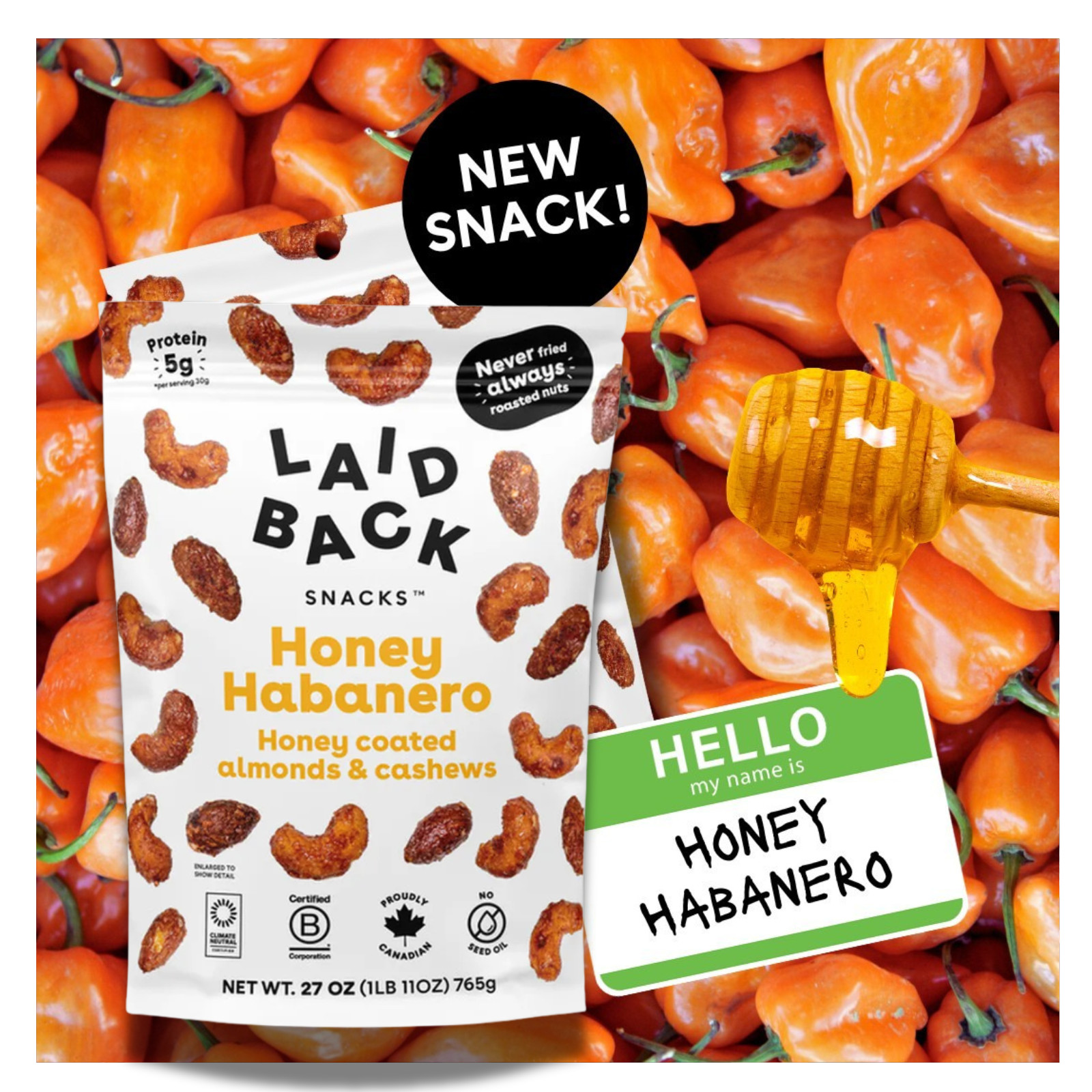 Laid Back Snacks Honey Habanero Almonds Cashews 27oz (2 Pack) Sweet Heat
