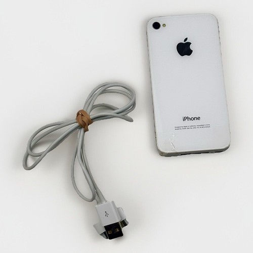 Apple iPhone 4 White Model A1349 Cable Papers WORKS Cracked Screen READ - 第 3/3 張圖片
