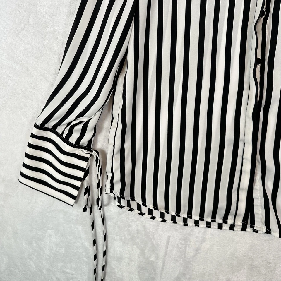 Camisa Topshop Mujer 6 Negro Blanco Rayas Manga Larga Botón Frontal Puño Corbata Foto 4 de 4