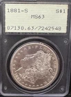 1881-S Morgan Silver Dollar $1, PCGS MS63 Rattler OGH