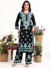 Women's Green Floral Chikankari Kurta Palazzo Set Ethnic Embroidered Co Ord Suit