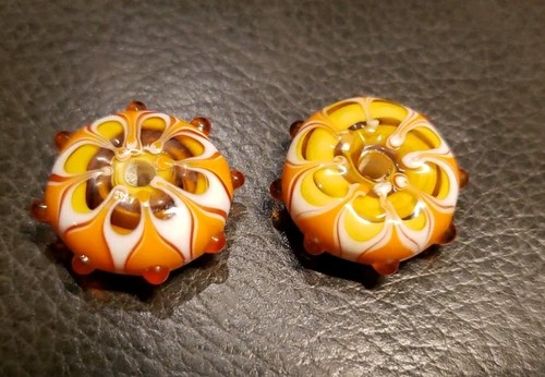Set Of 2 Orange, Yellow And White Flower Lampwork Glass Bead Set.  